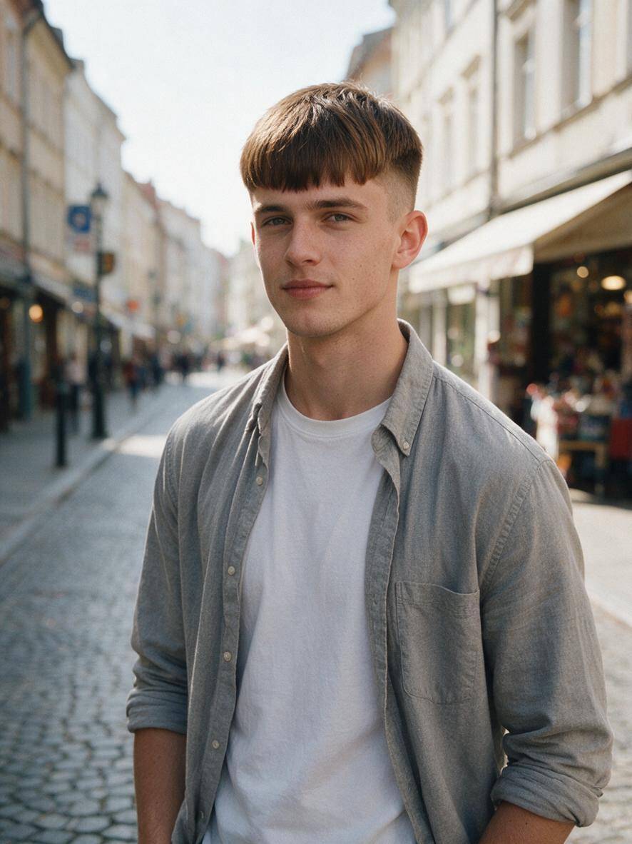 Fryzura crop z prostą grzywką na brązowych włosach z fade