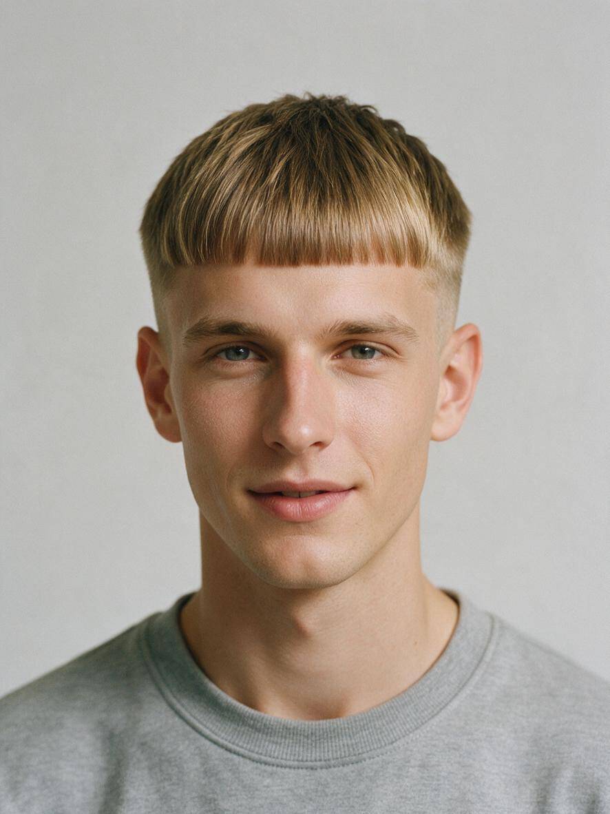 Fryzura edgar cut na ciemnym blondzie z geometryczną grzywką