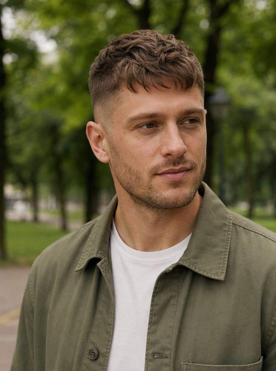 Fryzura french crop na ciemnym blondzie z naturalnym wykończeniem