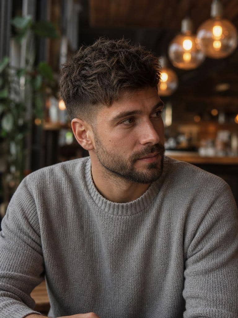 Fryzura textured crop na ciemnobrązowych włosach z dużą objętością