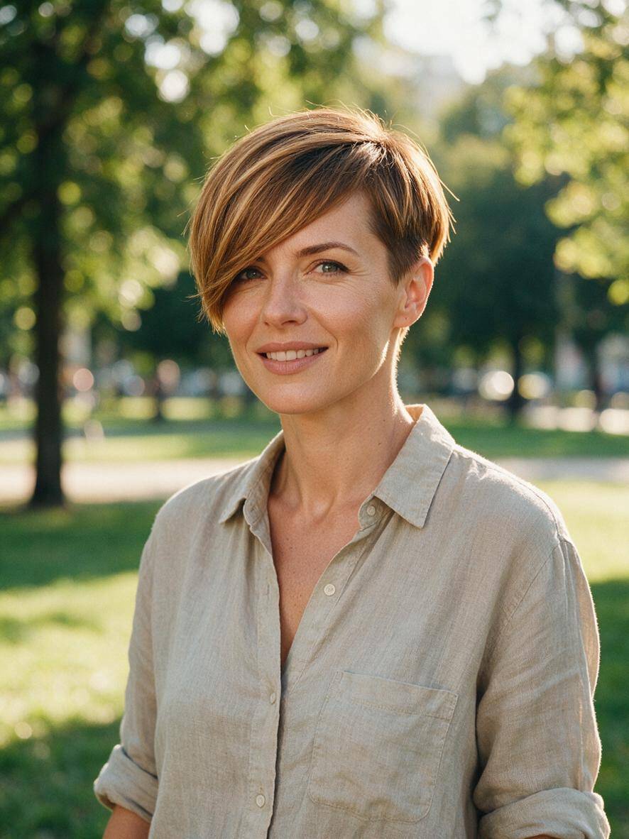 Asymetryczne pixie z długą grzywką zaczesaną na jedną stronę, kobieta po 40-tce