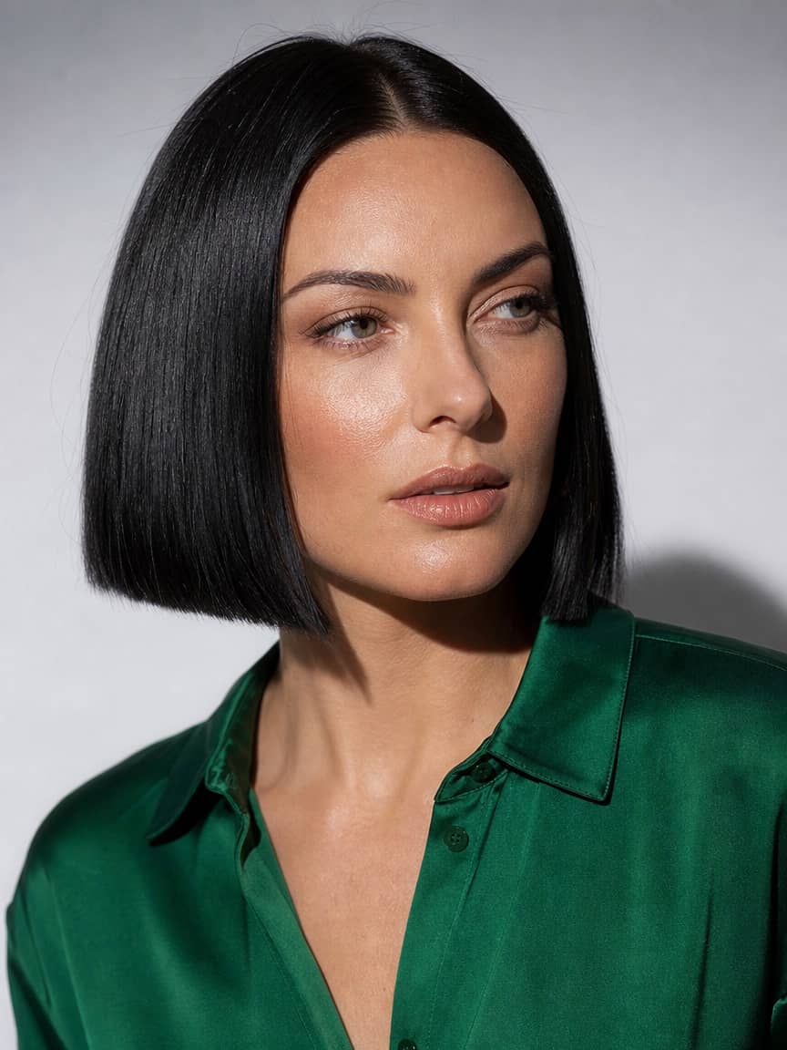 Krótki bob z efektem glass hair - idealnie gładkie lśniące włosy