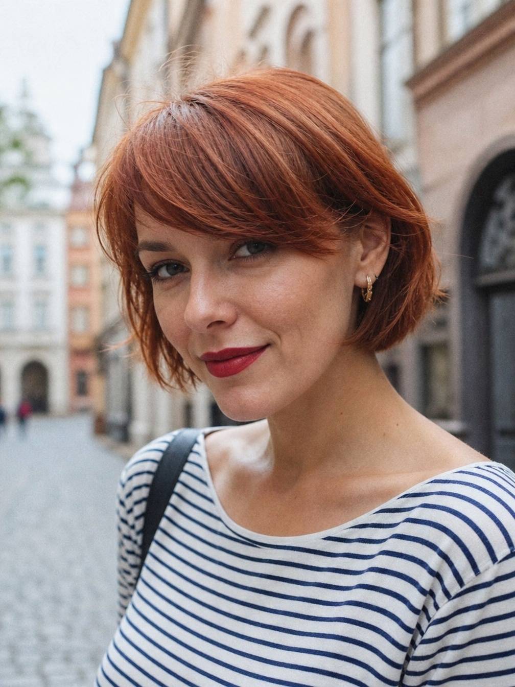 Rudy french bob z krzywo ciętą asymetryczną grzywką na kobiecie po 30-tce