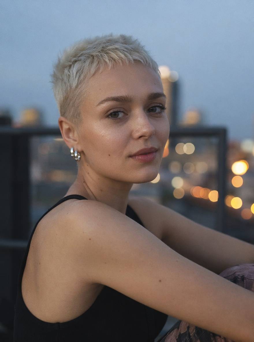 Krótkie pixie z mikro grzywką w platynowym blondzie - odważny wariant elfiego cięcia