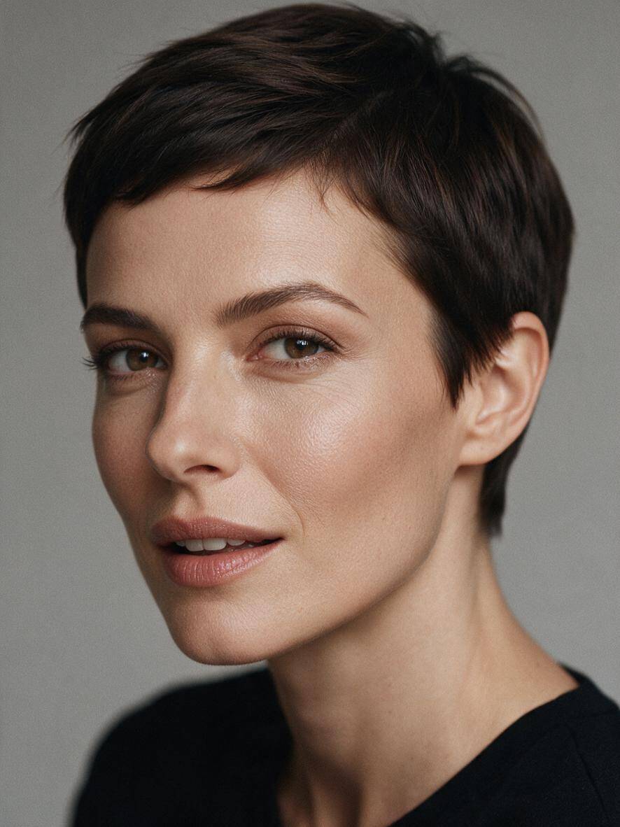 Pixie cut w wersji klasycznej - krótkie boki i miękko ułożona góra