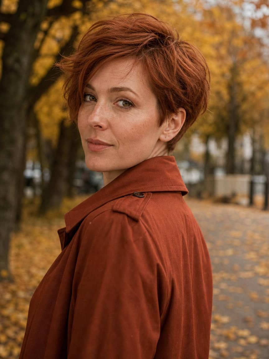 Pixie cut z teksturą w modnym miedzianym odcieniu włosów