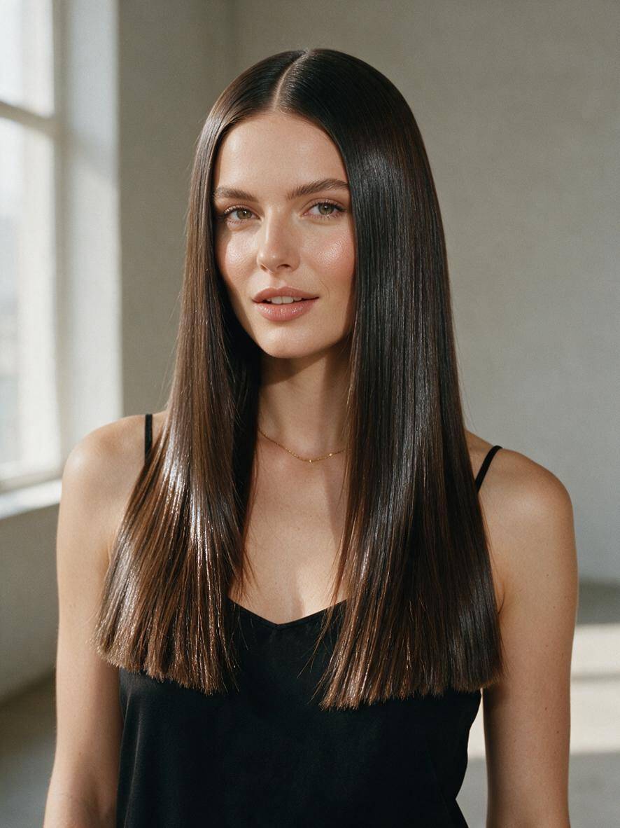 Długa fryzura damska - proste włosy z efektem glass hair i przedziałkiem pośrodku