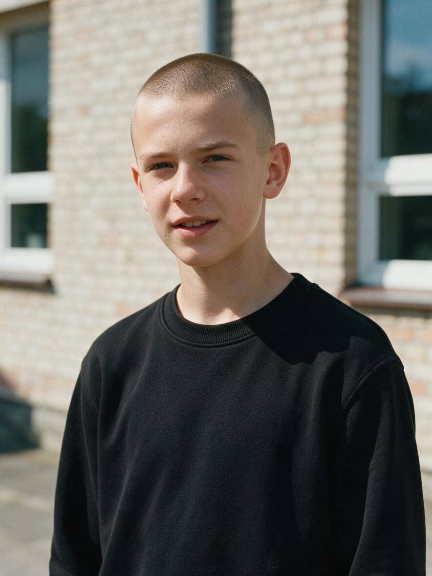 Fryzura dla nastolatka 15 lat - krótki równy buzz cut podkreślający rysy twarzy