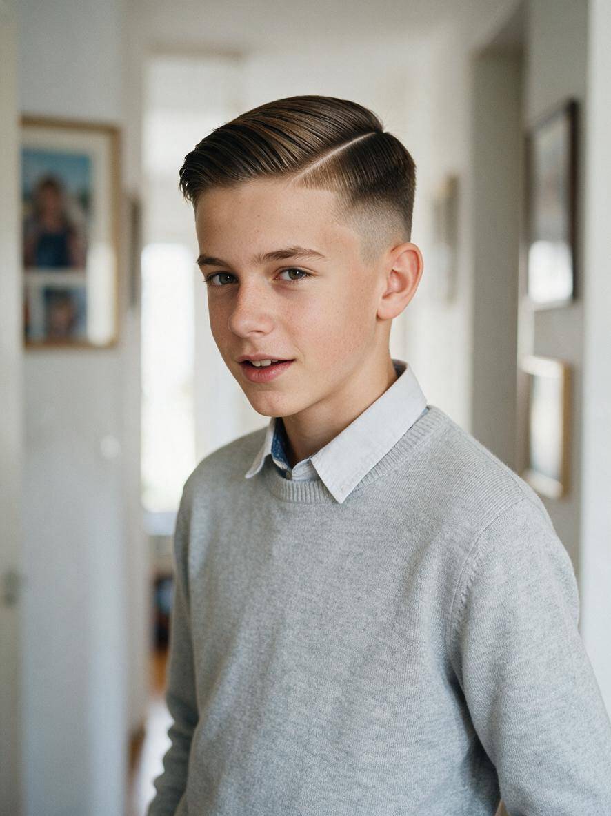 Fryzura dla nastolatka 16 lat - włosy zaczesane na bok z wyrazistym fade i przedziałkiem