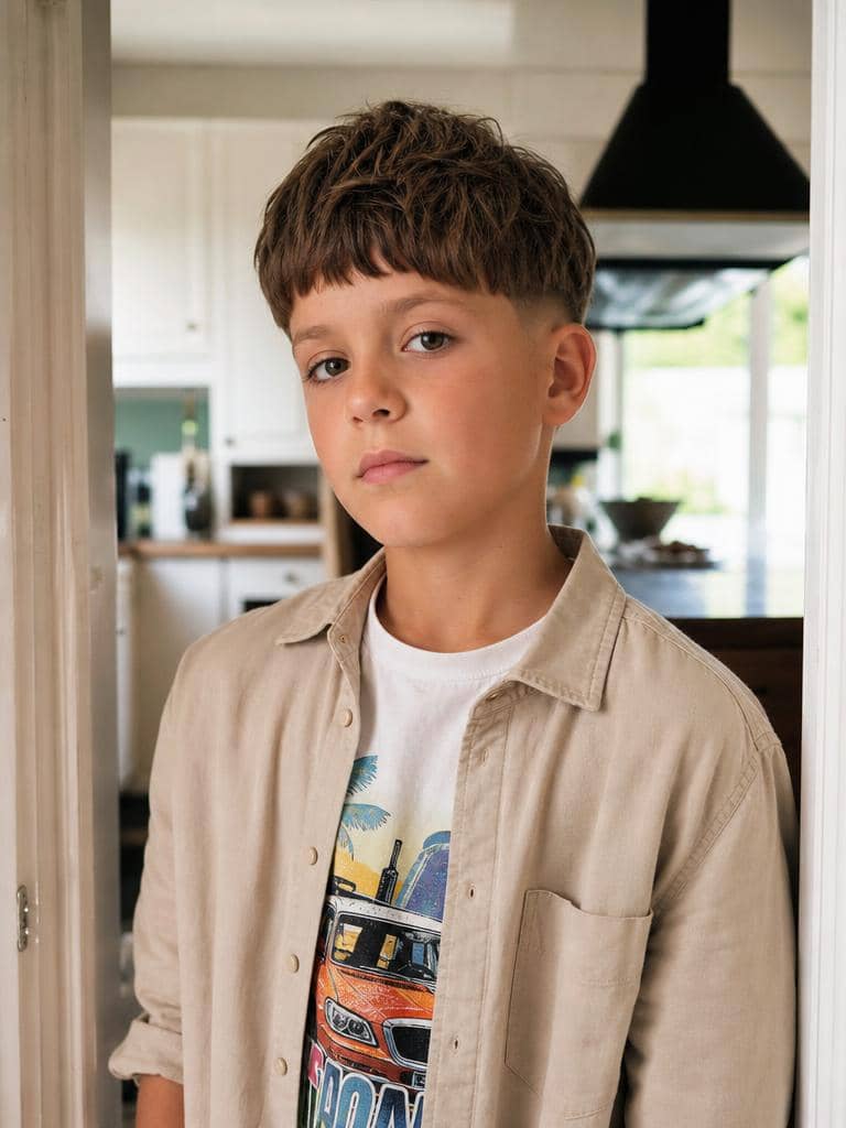 Modna fryzura dla chłopca 11 lat - nowoczesny teksturowany bowl cut z równą grzywką