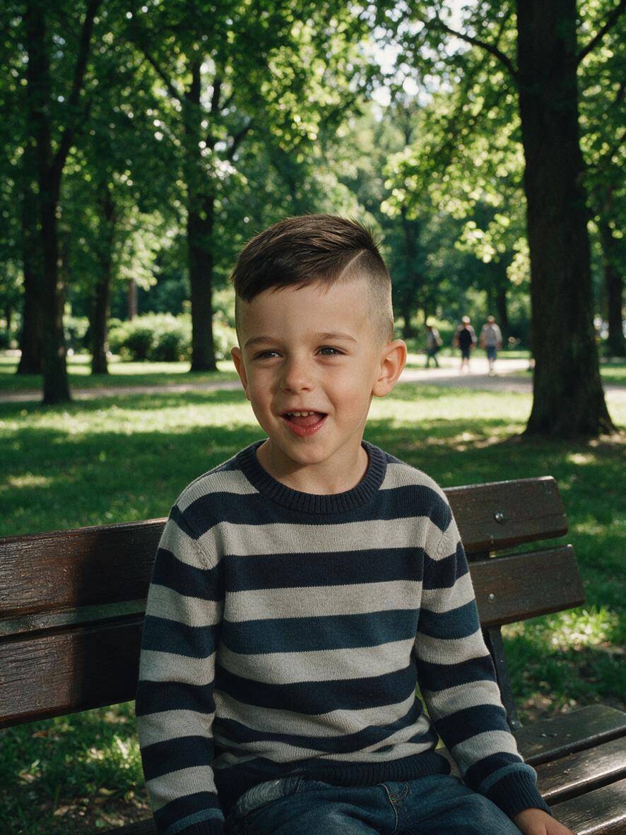 Fryzura dla dziecka z krótkimi włosami i podgolonymi bokami w kolorze ciemny brąz