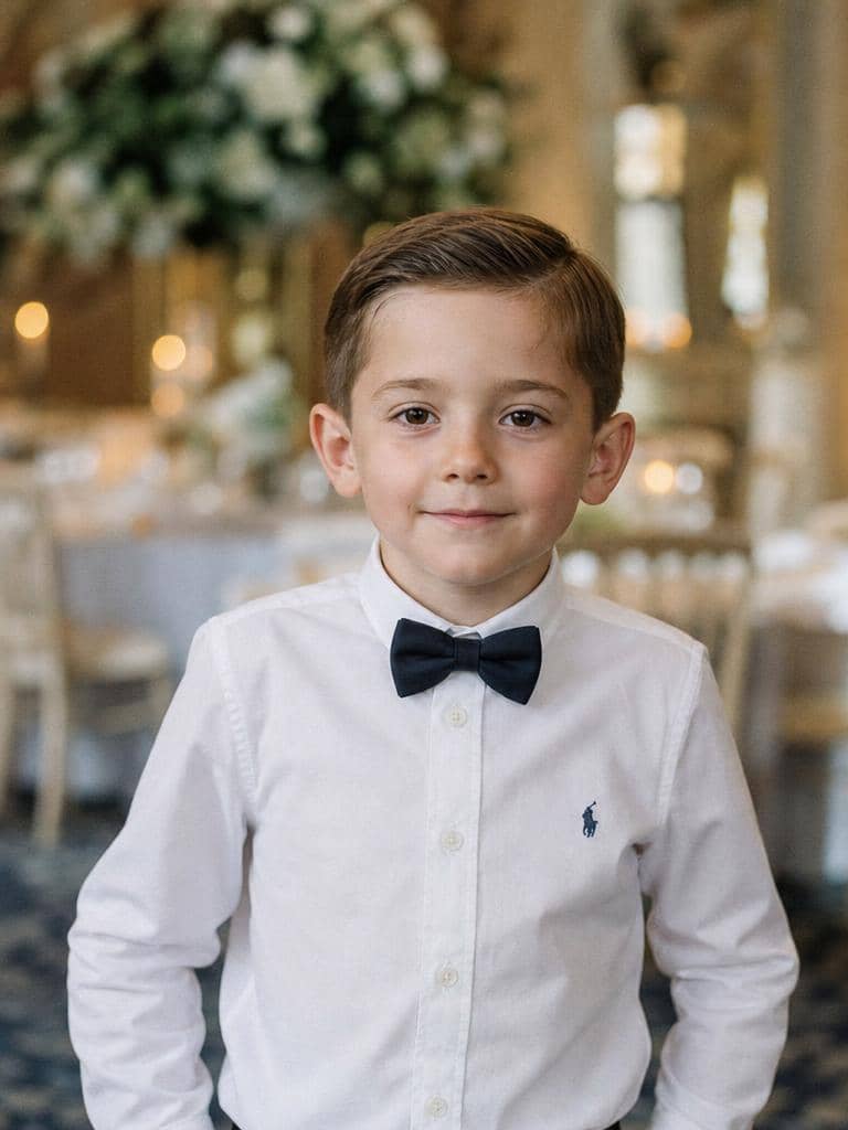 Elegancka fryzura dla dziecka na wesele u chłopca o brązowych włosach z przedziałkiem