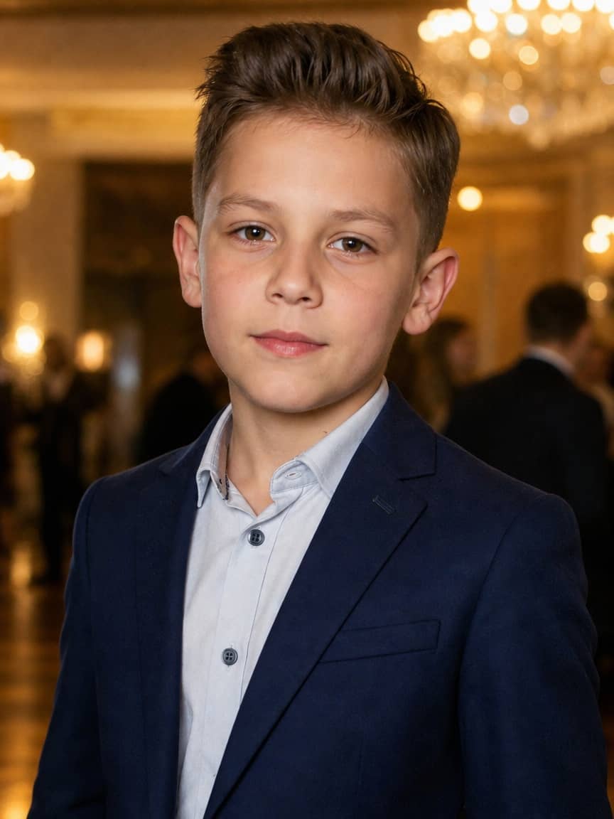 Odświętna fryzura dla dziecka na wesele u chłopca o ciemnobrązowych włosach