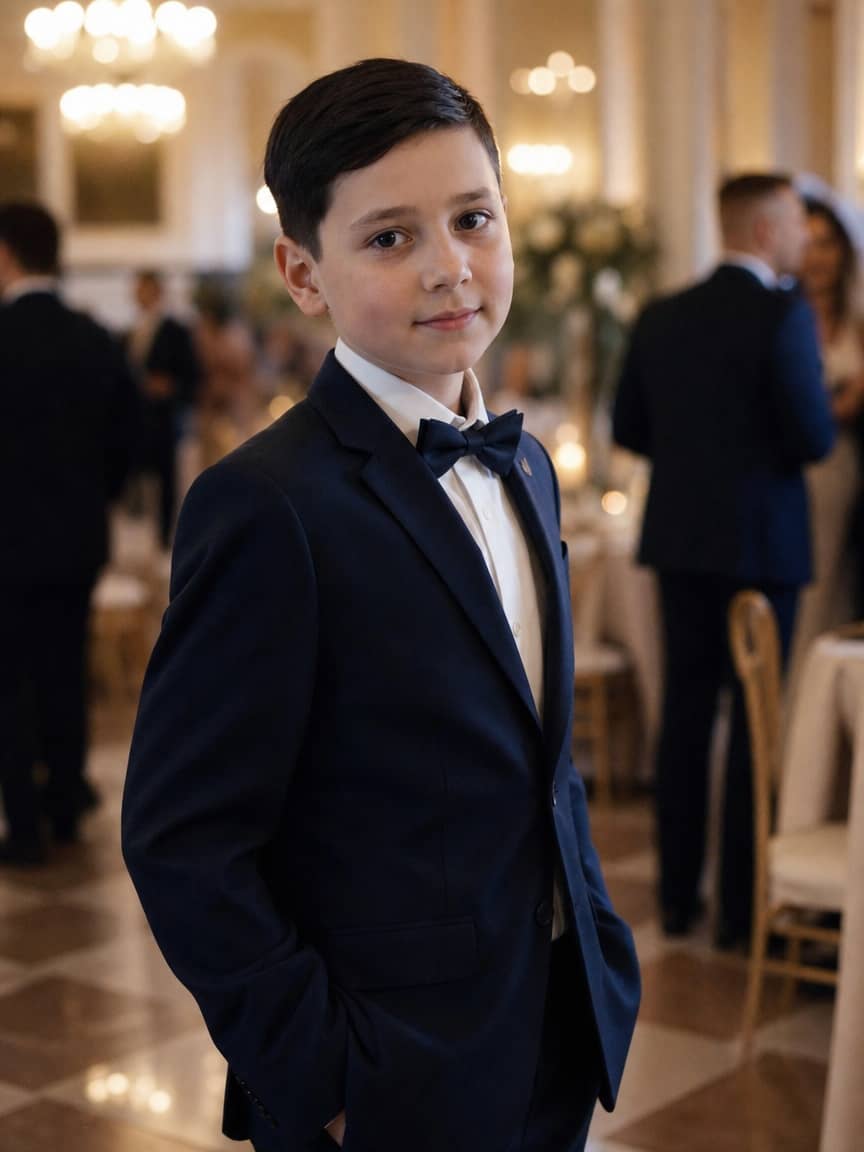 Fryzura dziecięca na wesele u chłopca o ciemnych włosach ułożonych elegancko