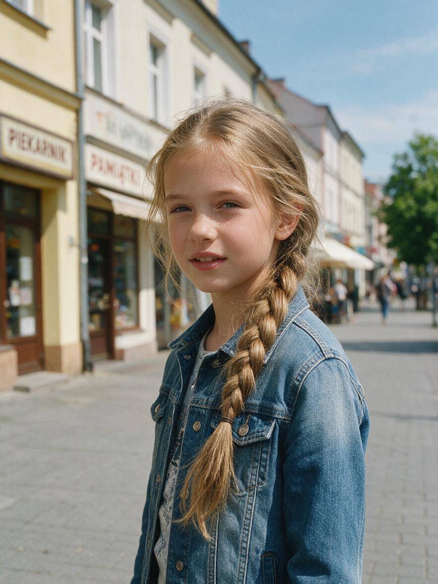 Fryzura na warkocz dla dziesięciolatki o ciemnoblond długich włosach