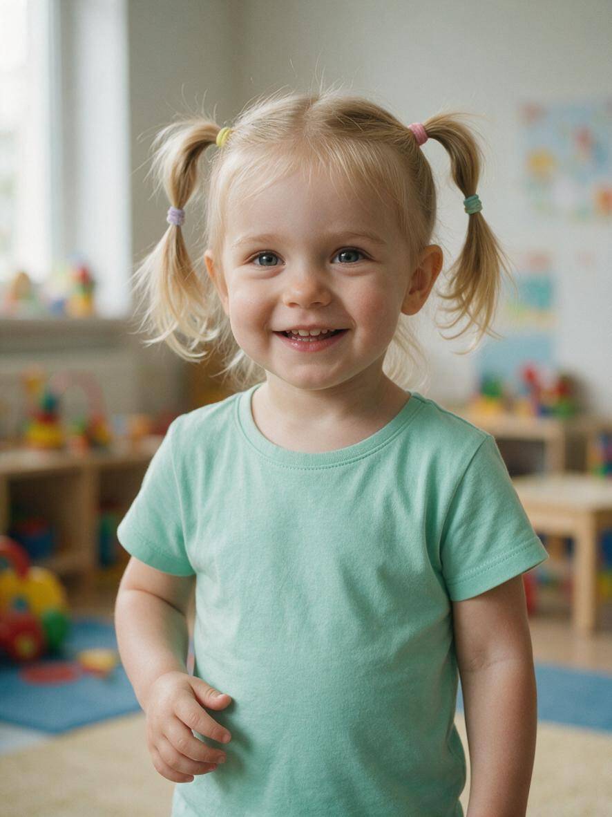 Fryzura do przedszkola z dwoma mini kucykami u trzyletniej dziewczynki o cienkich blond włosach