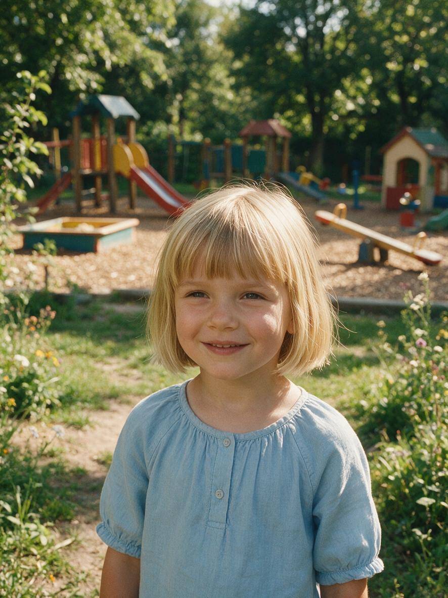 Krótka fryzura do przedszkola typu bob z grzywką u czteroletniej dziewczynki o blond włosach