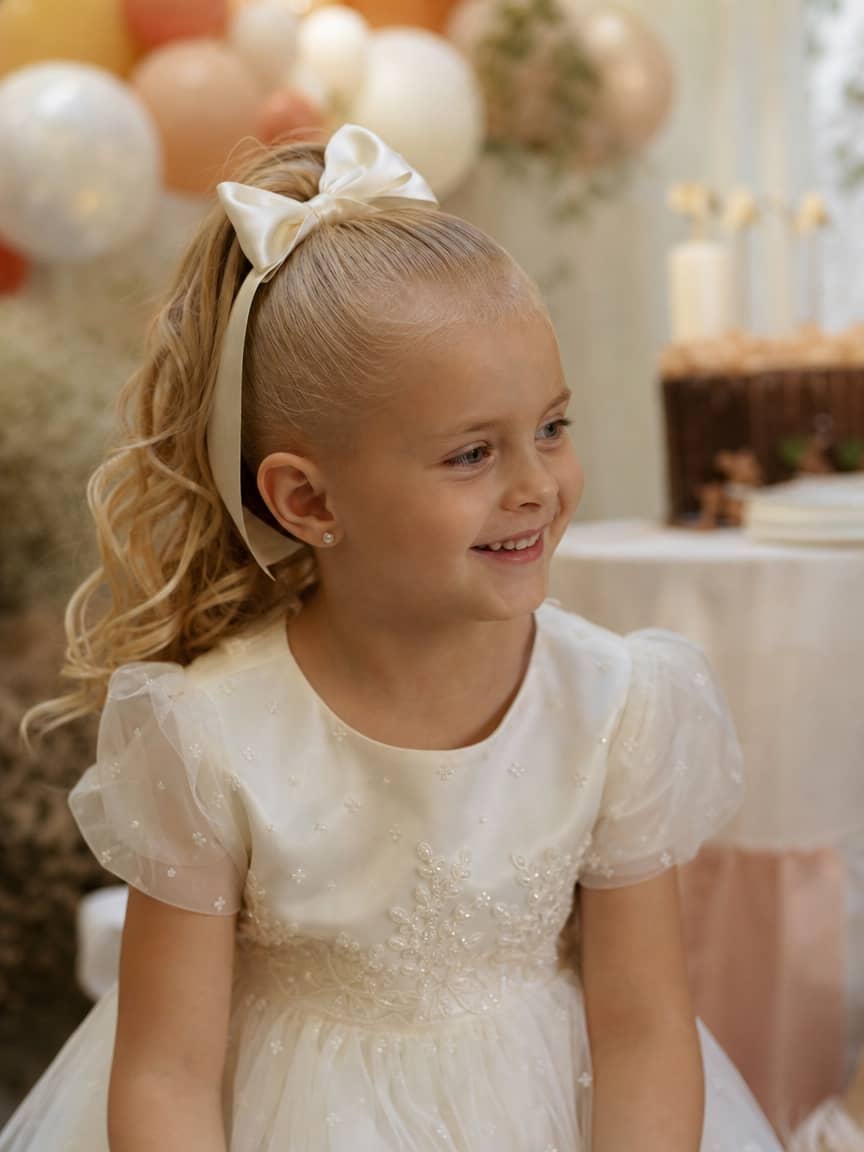 Dziewczynka z kucykiem ozdobionym dużą kokardą na blond włosach
