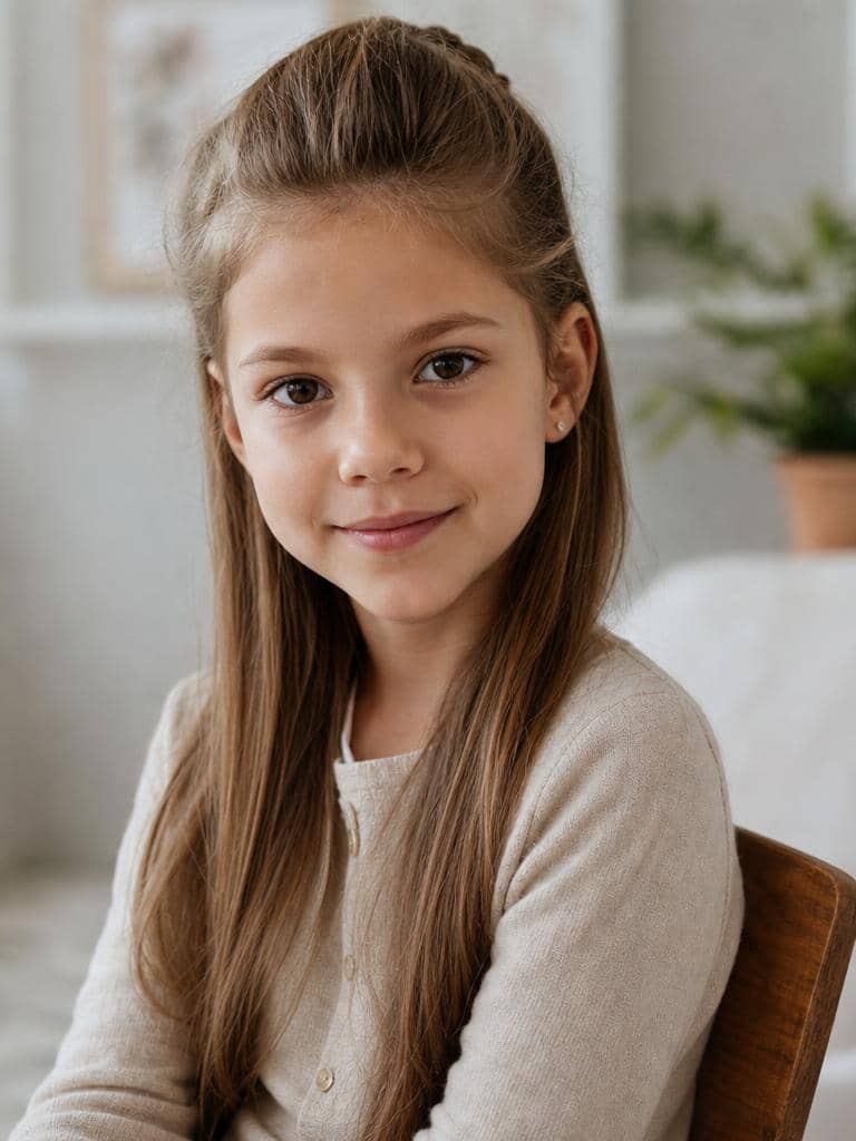 Dziewczynka z półupięciem na długich ciemnoblond włosach