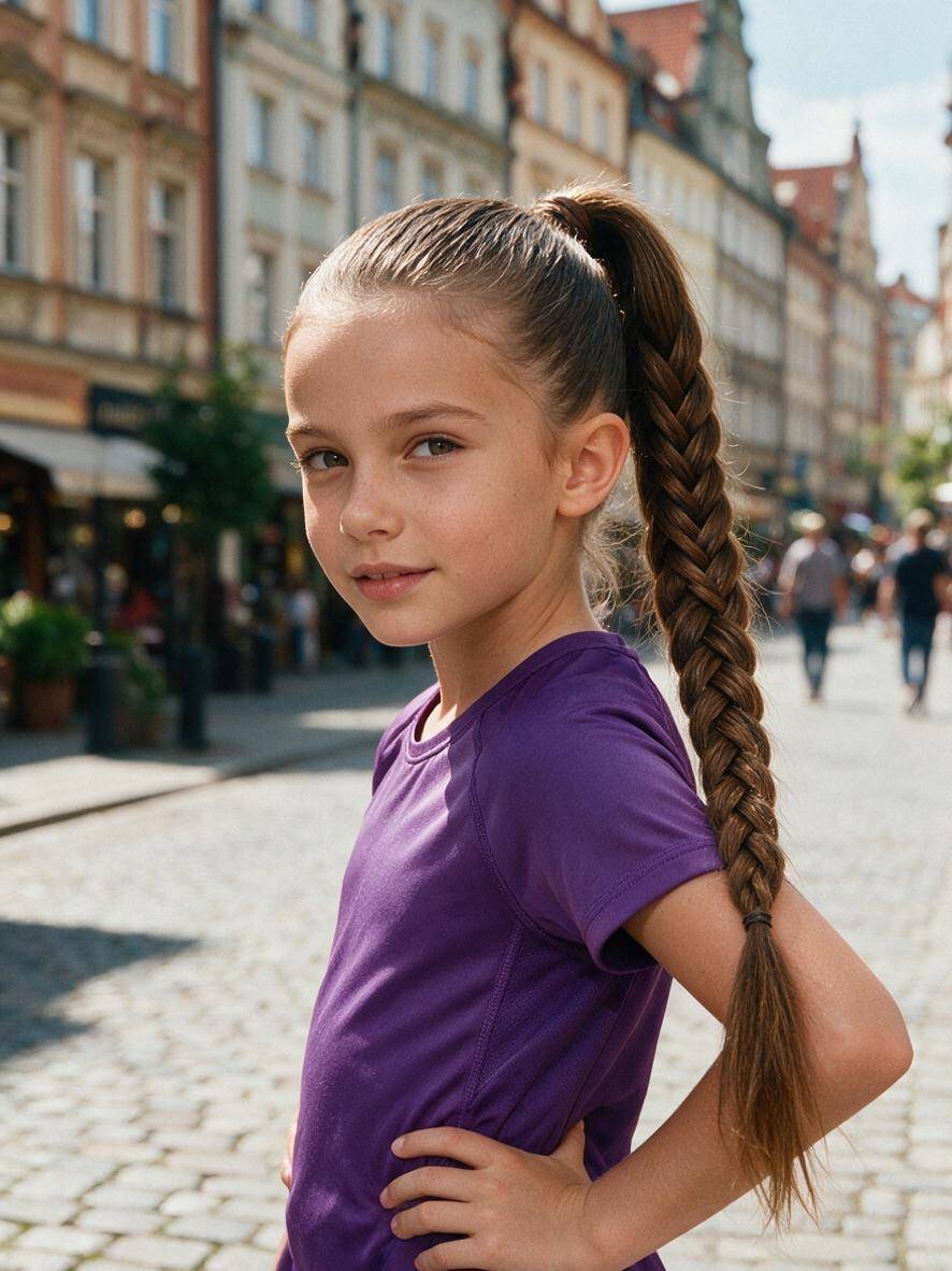 Dziewczynka z wysokim kucykiem przechodzącym w warkocz na długich brązowych włosach