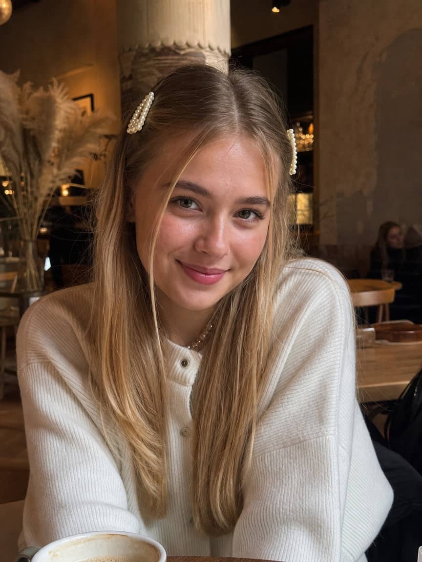 Nastolatka z blond włosami spiętymi ozdobnymi spinkami w kawiarni