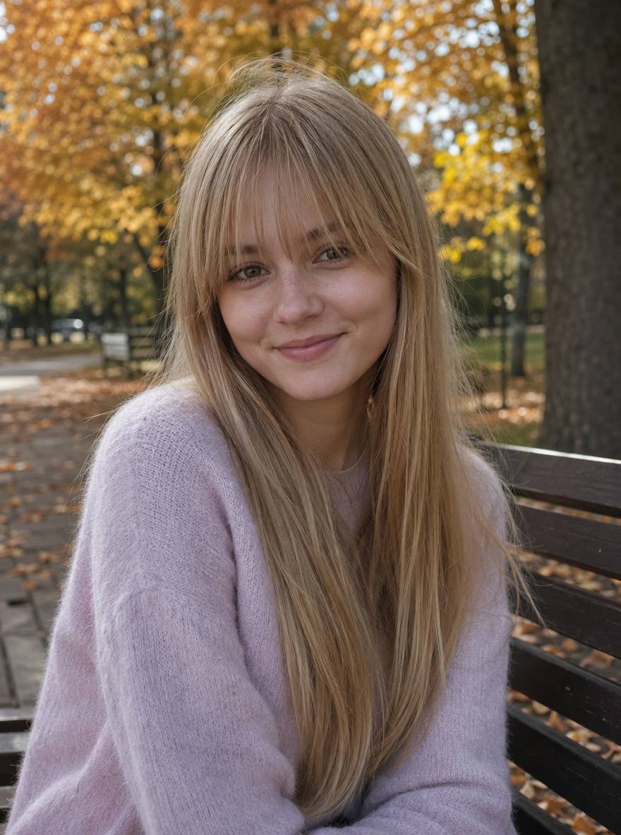 Nastolatka z długimi jasnoblond włosami i prostą grzywką w parku jesienią