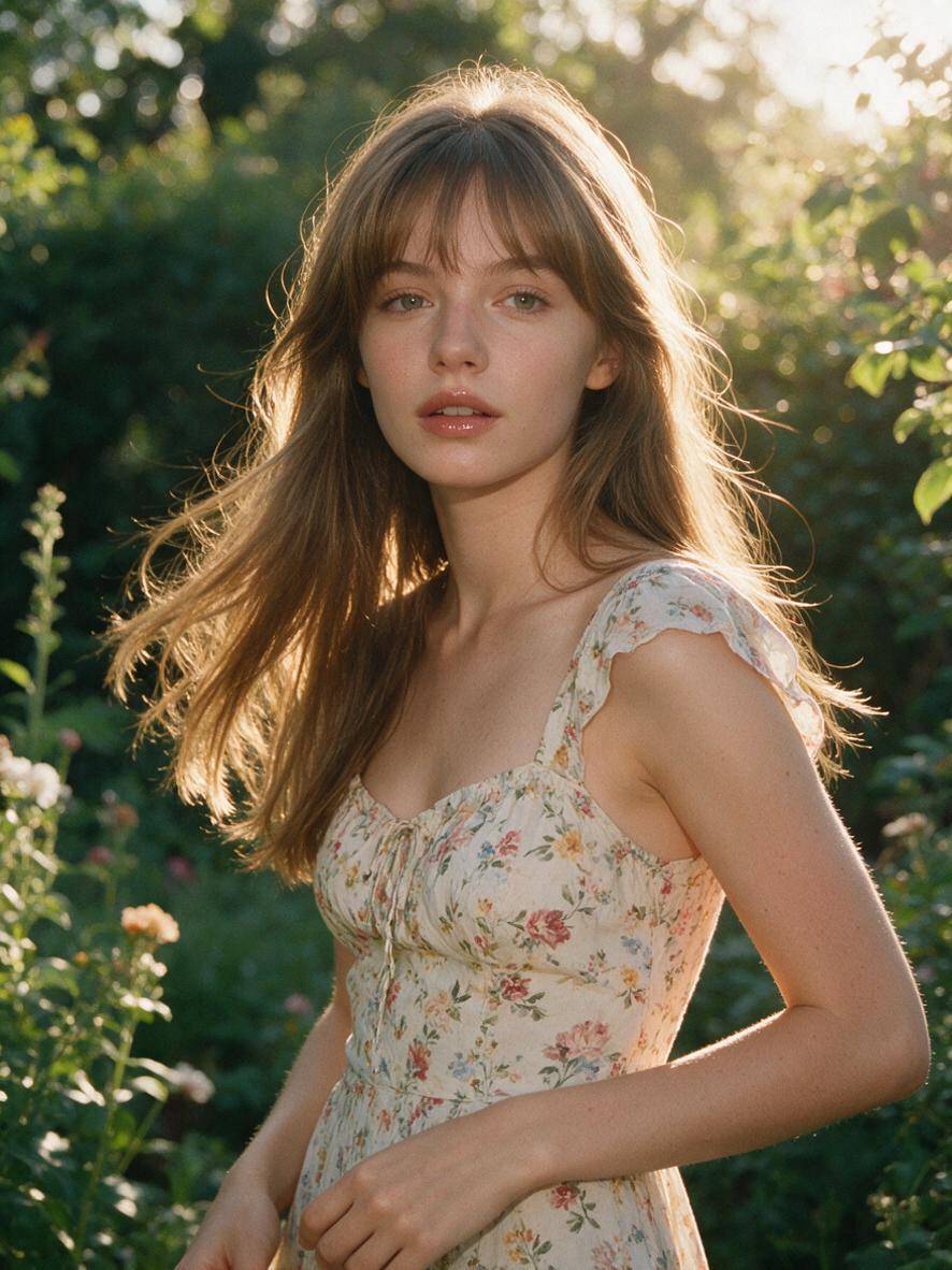 Nastolatka z długimi jasnobrązowymi włosami i grzywką zasłonową w ogrodzie