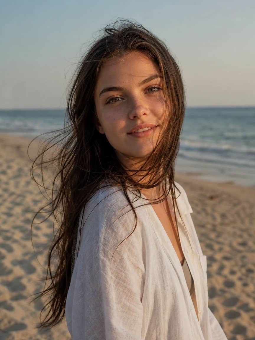 Nastolatka z brązowymi włosami ułożonymi w luźne fale beach waves na tle plaży