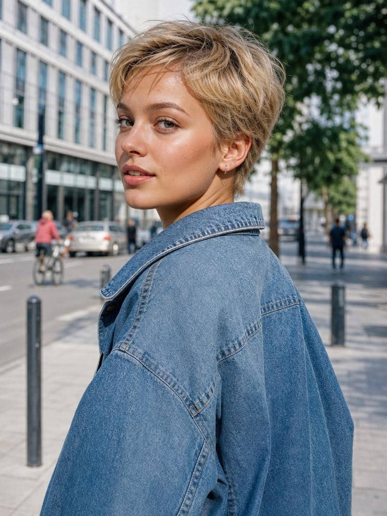 Nastolatka z krótką blond fryzurą pixie na tle miejskim