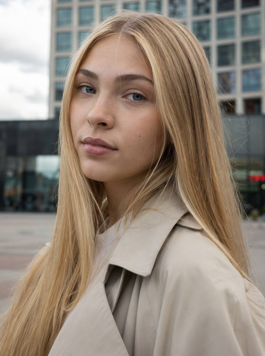 Nastolatka z prostymi blond włosami i przedziałkiem po środku na tle miejskim