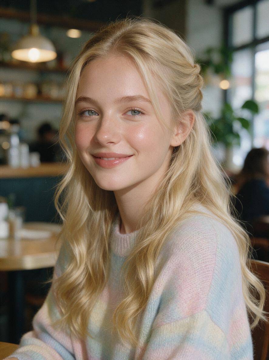 Nastolatka z blond włosami upiętymi half-up w kawiarni