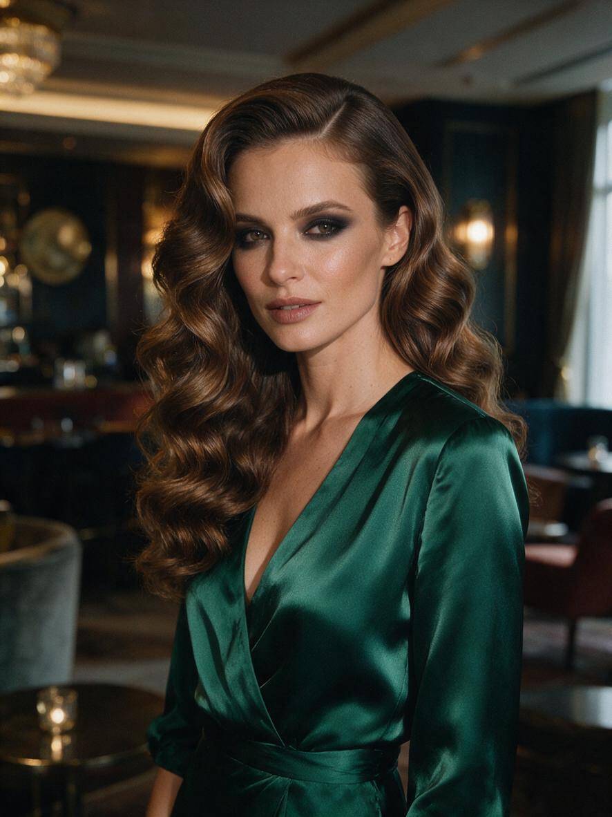 Długie włosy w miękkich falach glamour w ciepłym brązie