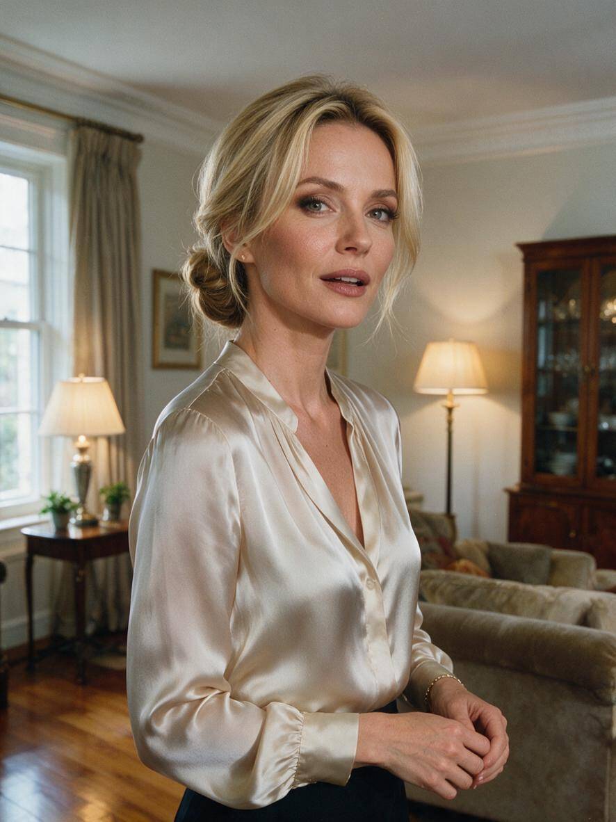 Elegancka fryzura do ramion w formie eleganckiego upięcia w blondzie w eleganckim wnętrzu