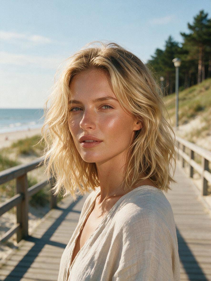 Fryzura do ramion w luźnych falach beach waves w blondzie na plaży