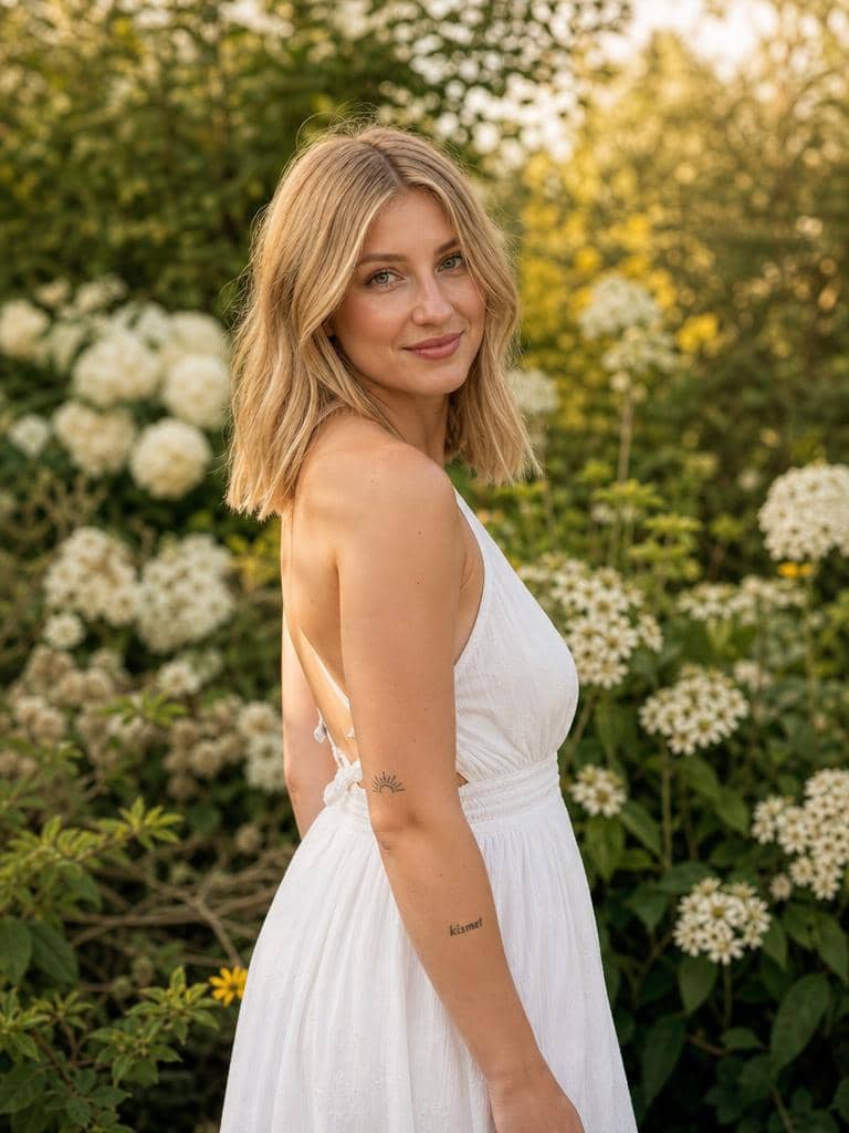 Fryzura do ramion z przedziałkiem na środku i falami w blondzie w ogrodzie
