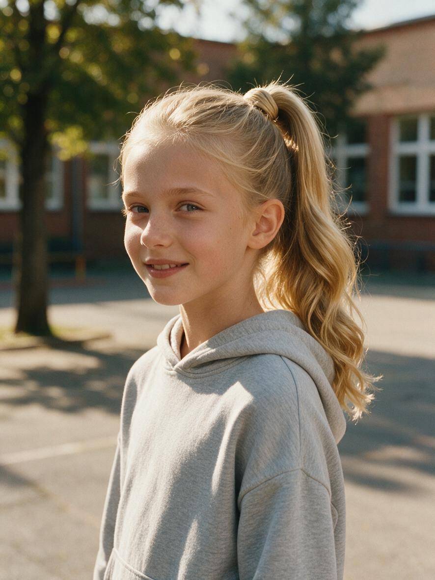 Blond kucyk z owinięciem pasmem jako łatwa fryzura do szkoły