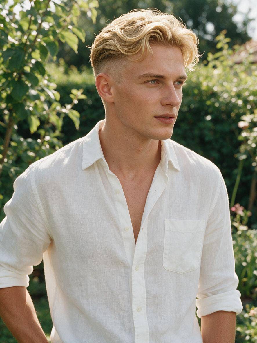 Fade z dłuższą blond górą i naturalną falą