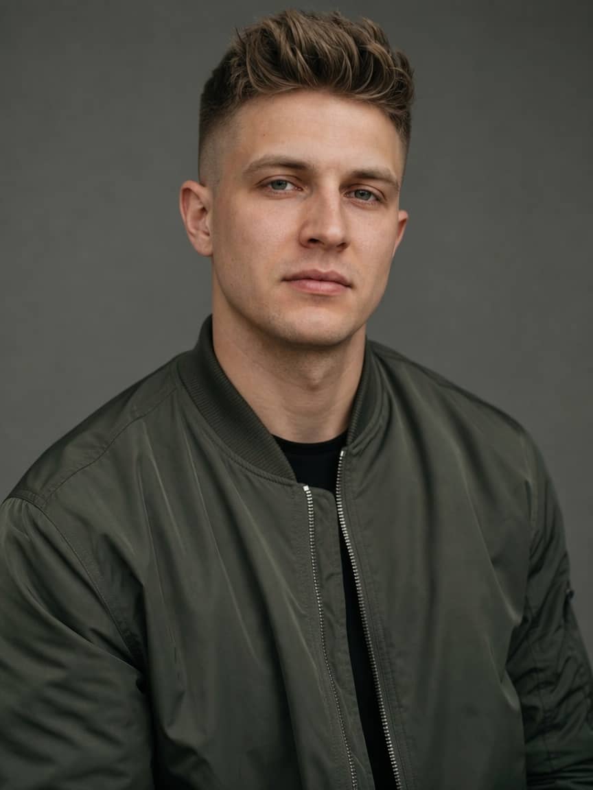 Fade z dłuższą górą i ciemny blond quiff z objętością