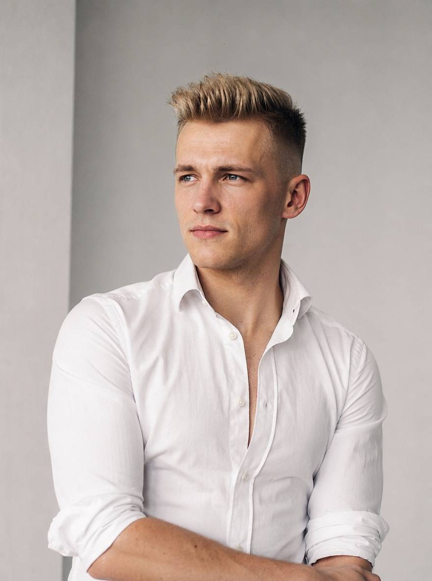 High fade z blond quiffem i wyraźnie odsłoniętymi bokami