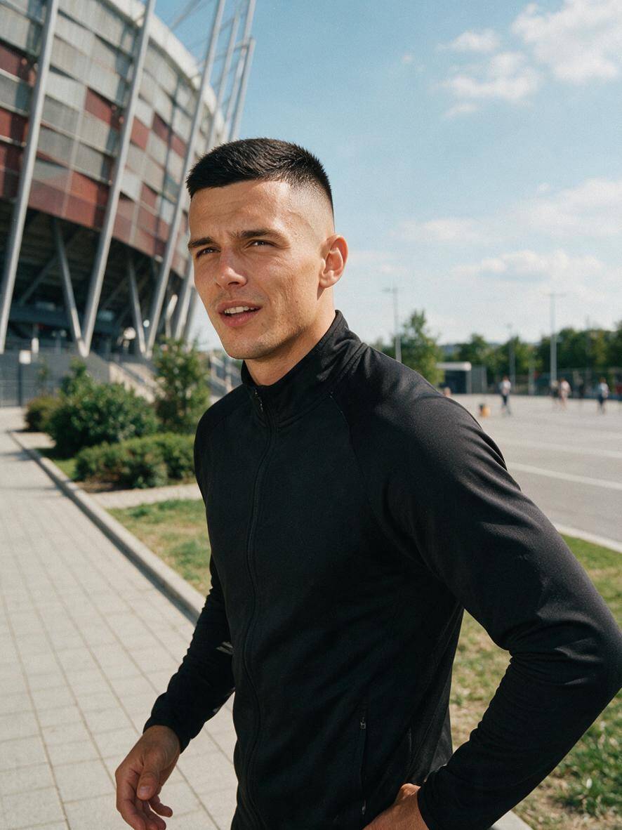 High fade z czarnymi włosami i wysokim ostrym kontrastem