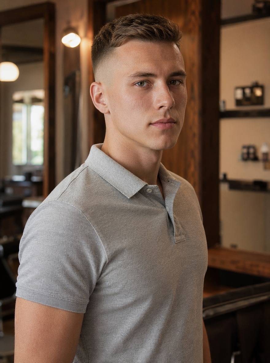 High fade z jasnym brązem i wyraźną linią przy skroni