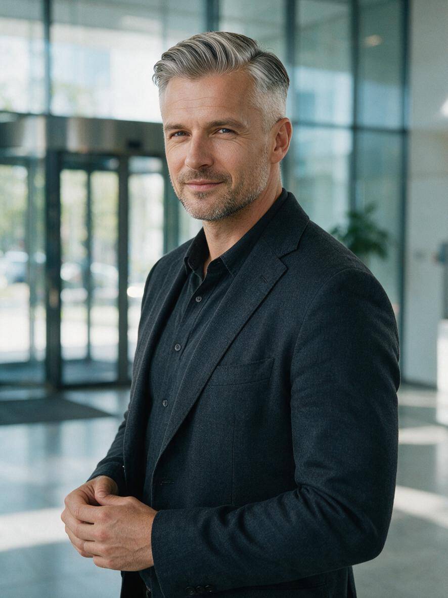 Siwiejące włosy z eleganckim low fade u dojrzałego mężczyzny