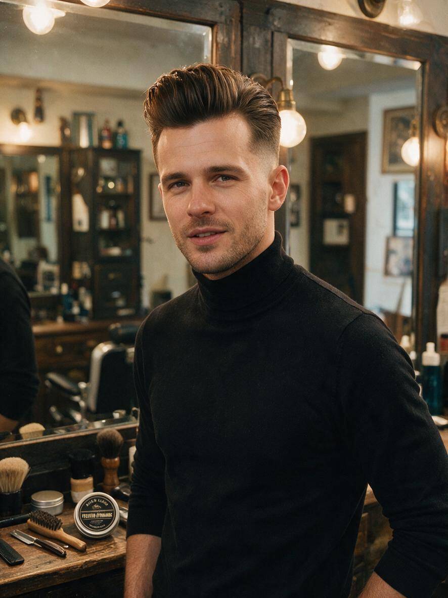 Mid fade u bruneta z pompadour i błyszczącym wykończeniem
