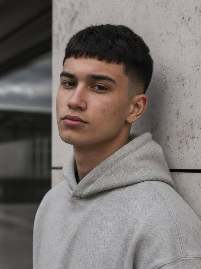 Mid fade z czarnymi włosami i krótką prostą grzywką