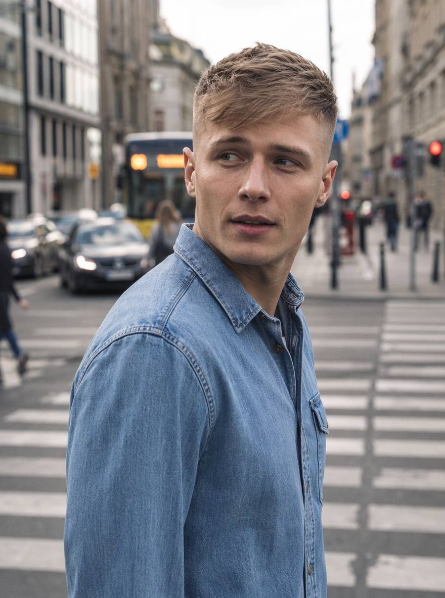 Mid fade z piaskowym blondem i teksturowaną grzywką na bok