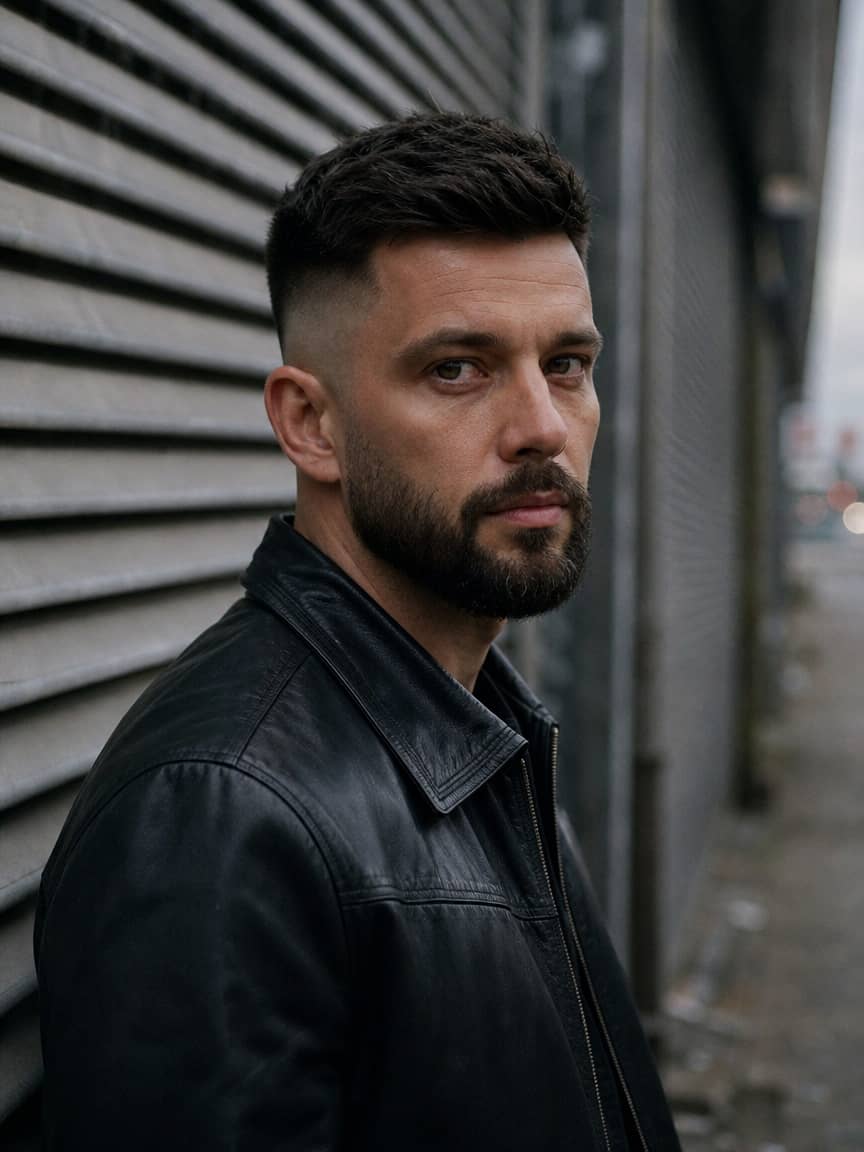 Skin fade u bruneta połączony z zadbaną brodą