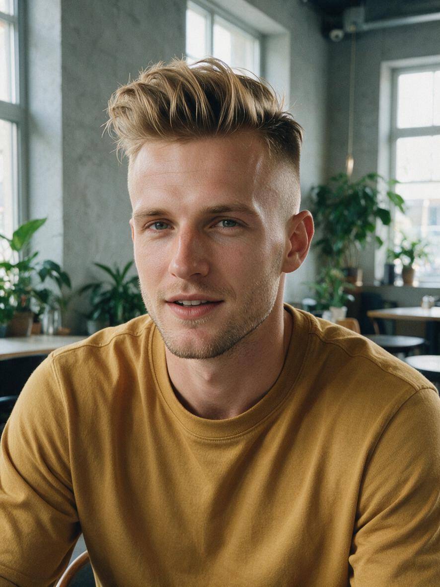 Skin fade z ciemnym blondem i wysokim quiffem