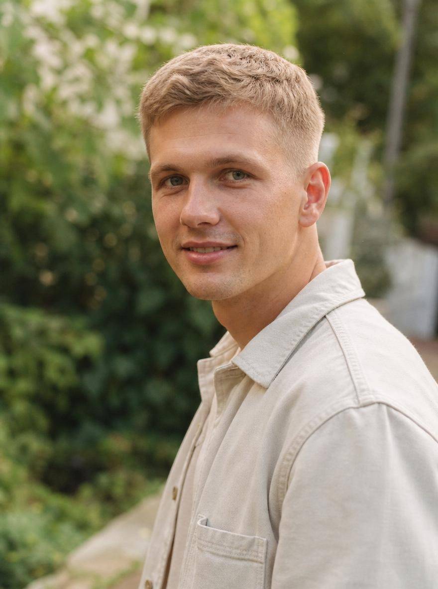Taper fade z blondem i lekko teksturowaną górą