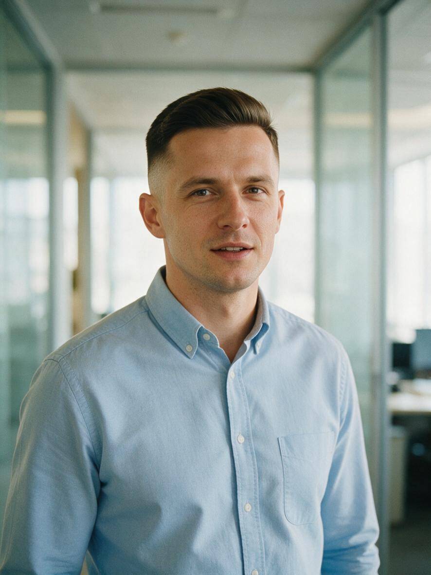 Taper fade u bruneta z klasyczną krótką górą