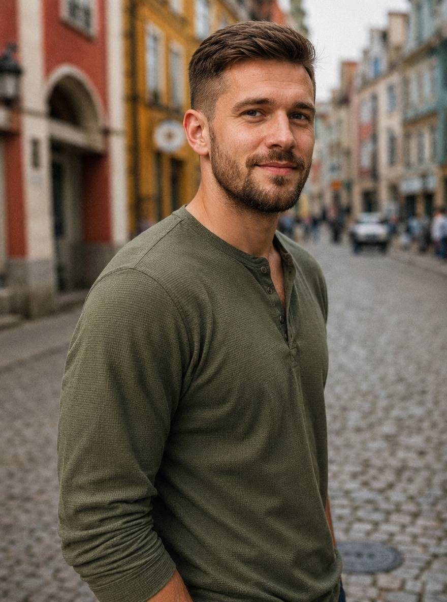Taper fade z jasnym brązem i krótką brodą